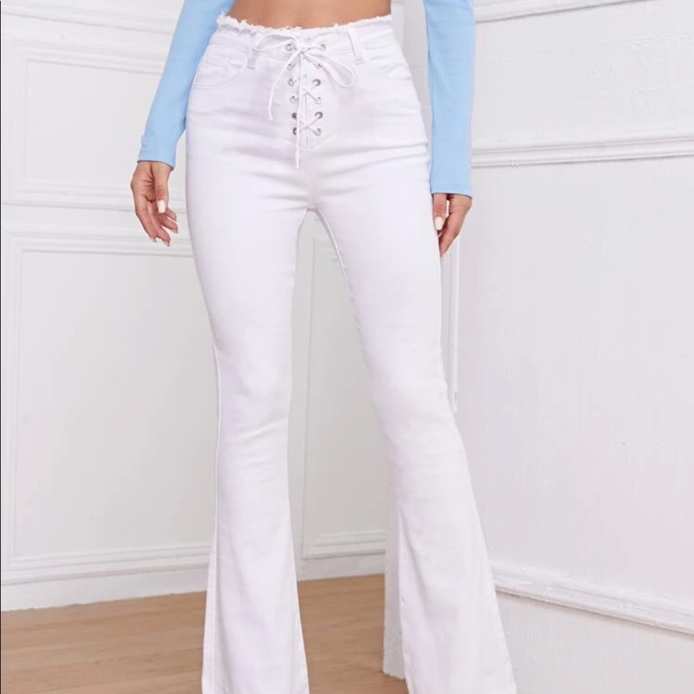 High Waisted Lace Up White Jeans Trendy